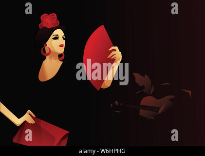 Ballerino spagnolo di flamenco con ventola con il chitarrista di accompagnamento. Serata di Flamenco design Foto Stock