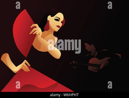 Ballerino spagnolo di flamenco con ventola con il chitarrista di accompagnamento. Serata di Flamenco design Foto Stock