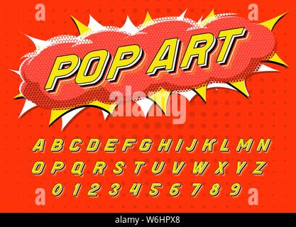 La Pop art font per poster. Comico gioco retrò alfabeto. Vintage futuristico 80 s il carattere tipografico, modificabile e stratificati. Moderno vettore cromo lettere in discoteca Illustrazione Vettoriale