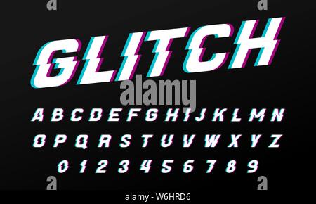 Glitch font per poster. Comico gioco retrò alfabeto. Vintage futuristico tipografico, modificabile e stratificati. Moderno vettore cromo lettere in Pop art style Illustrazione Vettoriale