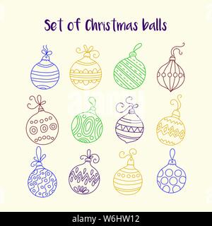 Set di linea sottile vettore icone di Natale. Collezione di palle di Natale per disegni moderni. Illustrazione Vettoriale