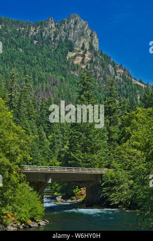 O: Douglas contea, stato Hwy 138 nella gamma Cascades. Vista attraverso il North Umpqua River verso Eagle Rock e o 138 bridge Foto Stock
