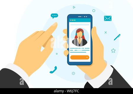 Concetto di supporto hotline. Smartphone portatile con assistente femminile online in avatar auricolare. Call center e tecnologie di comunicazione Customer Service donna comunicazione vettoriale illustrazione Illustrazione Vettoriale