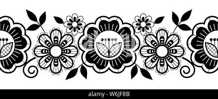 Pizzo senza soluzione di continuità lungo verticale set di pattern, in bianco e nero design orizzontale con rose e fiori e volute, dettagliati motivi pizzo Illustrazione Vettoriale