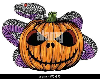 Zucca di Halloween con vettore di serpente cartoon illustrazione. Illustrazione Vettoriale