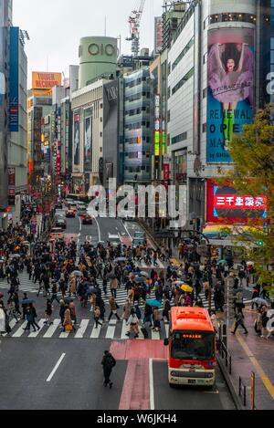 Traversata da sopra, una folla di persone che attraversano zebra Crossings at traversata, Bunkamura-Dori, Shibuya, Udagawacho, Tokyo, Giappone Foto Stock
