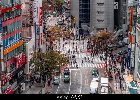 Traversata da sopra, una folla di persone che attraversano zebra Crossings at traversata, Bunkamura-Dori, Shibuya, Udagawacho, Tokyo, Giappone Foto Stock