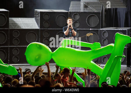 Austin, Texas, Stati Uniti d'America. 01 Ago, 2019. Agosto 01, 2019: Mark Hoppus con blink-182 esegue ad Austin 360 Anfiteatro, il circuito delle Americhe. Austin, Texas. Mario Cantu/CSM. Credito: Cal Sport Media/Alamy Live News Foto Stock