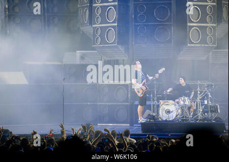 Austin, Texas, Stati Uniti d'America. 01 Ago, 2019. Agosto 01, 2019: Mark Hoppus con blink-182 esegue ad Austin 360 Anfiteatro, il circuito delle Americhe. Austin, Texas. Mario Cantu/CSM. Credito: Cal Sport Media/Alamy Live News Foto Stock