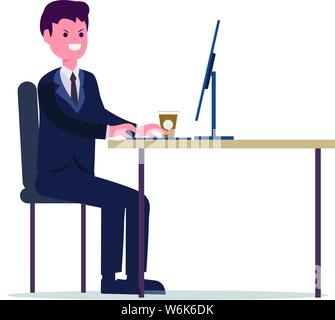 Imprenditore lavora con computer sulla scrivania illustrazione vettoriale.Cartoon young business manager opera chill isolato con sfondo bianco Illustrazione Vettoriale