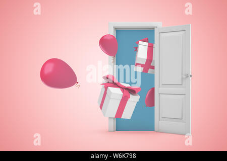 3D rendering di un bianco porta aperta con confezioni regalo e palloncini rosa sulla luce sfondo rosa Foto Stock