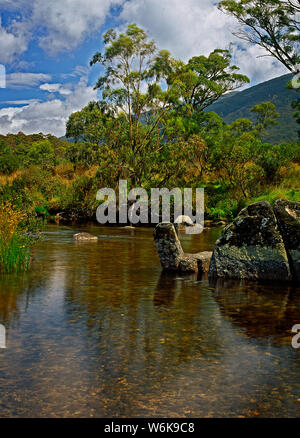 Australia: Thredbo River, montagne innevate, NSW Foto Stock