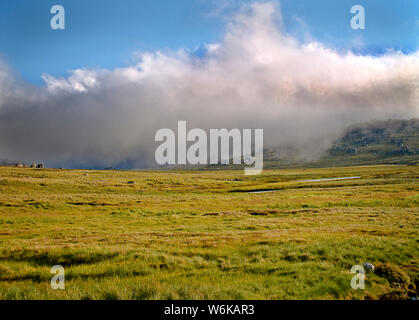 Australia: nuvole ampi attraverso un prato alpino, montagne innevate, NSW Foto Stock