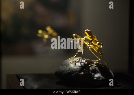 Una illustrazione di oro in forma di rane creato da scultore Taiwanese Wu Ching è sul display durante l'oro e legno mostra a Zhejiang Art Museum Foto Stock