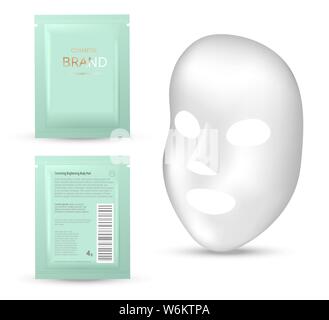 Imballaggi in plastica con foglio maschera. Foglio Vuoto o bustina di plastica per alimenti o medicinali. Modello di progetto per il concetto di cosmetici. Illustrazione Vettoriale