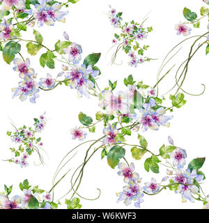 La pittura ad acquerello di foglie e fiori, seamless pattern su sfondo bianco Foto Stock