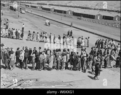 San Bruno, California. Il gruppo di questo centro è stato aperto per due giorni. Bus-carico dopo il bus-carico di . . .; Portata e contenuto: tutta la didascalia per questa fotografia si legge: San Bruno, California. Il gruppo di questo centro è stato aperto per due giorni. Bus-carico dopo il bus-carico delle persone evacuate di ascendenza giapponesi stanno arrivando in questo giorno. Dopo il passaggio attraverso la procedura necessaria per la registrazione, sono guidati per i trimestri a loro assegnata in caserma. Solo un mess hall è stato di funzionamento di questo giorno. Fotografia mostra la line-up di neo arrivato agli sfollati al di fuori del caos hall a mezzogiorno. Nota caserma a bac Foto Stock