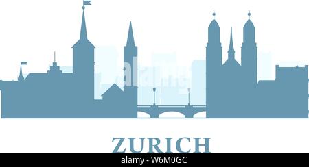 Zurigo Città silhouette, Svizzera - Old Town, Vista panoramica della città con i punti di riferimento di Zurigo Illustrazione Vettoriale