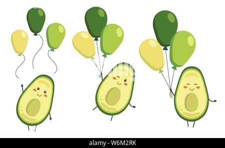 Set di vector cartoon eroi di avocado con palloncini in stile kawaii. Caratteri per bambini Libro da colorare, pagine da colorare, t-shirt, stampa icona logo, Illustrazione Vettoriale
