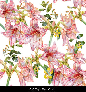 La pittura ad acquerello di foglie e fiori, seamless pattern su sfondo bianco Foto Stock