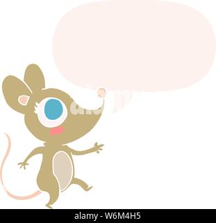 Cartoon carino mouse con discorso bolla in stile retrò Illustrazione Vettoriale