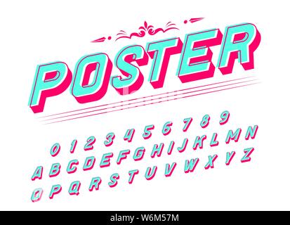 La Pop art font per poster. Fumetto alfabeto retrò. Vintage futuristico 80 s il carattere tipografico, modificabile e stratificati. Moderno vettore cromo lettere in discoteca glitch Illustrazione Vettoriale