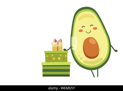 Sorridente carattere avocado con colorati doni isolati su sfondo bianco. Positivo banner, poster, sfondo per i bambini. Illustrazione Vettoriale in kawaii Illustrazione Vettoriale