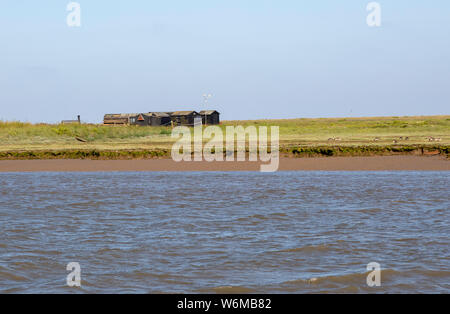 Signora Firenze gita in barca sul fiume crociera minerale, Orford Ness, Suffolk, Inghilterra RSPB edifici su Havergate Isola Foto Stock