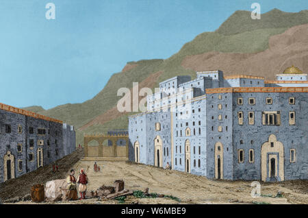 Safa. Luogo sacro formato da tre archi su una strada della Mecca. Incisione. Panorama universale. La storia di Arabia, 1851. Colorazione successiva. Foto Stock