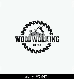 Macchine per la lavorazione del legno logo design template vettoriale illustrazione isolato Illustrazione Vettoriale