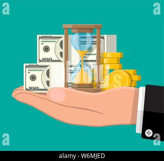 Denaro con clessidra orologio in mano. Ritorno sugli investimenti, la moneta in oro aumentare grafico. La crescita del reddito, risparmio, investimenti. Simbolo di ricchezza. Il successo del business. Uno stile piatto illustrazione vettoriale. Illustrazione Vettoriale