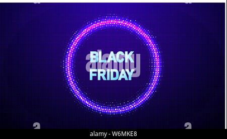 Venerdì nero vendita vettore neon banner. Abstract cerchio di mezzitoni vettoriale con telaio incandescente astratta dotі casuale Illustrazione Vettoriale