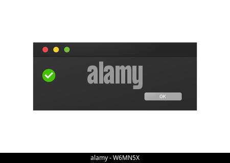 Finestra di dialogo scuro box interfaccia. Sistema di messaggio popup in una modalità notte. Illustrazione Vettoriale
