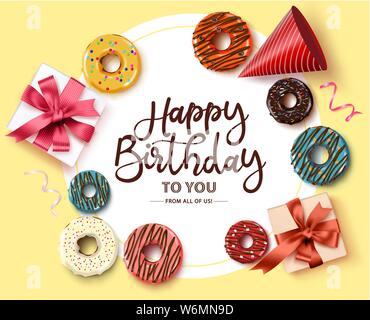 Happy birthday greeting card template vettoriale. Buon compleanno testo nel telaio a cerchio con uno spazio bianco per il messaggio e colorato elementi di partito come ciambelle Illustrazione Vettoriale