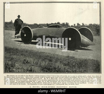 Baker motorino elettrico ad alta velocità veicolo, 1902. Nel maggio 1902, Baker ha preso parte a una prova di velocità su una strada pubblica a Staten Island, New York. Il panettiere era auto 39 dall'inizio e impostare un buon momento per la prima parte del corso, ma poi ha perso il controllo e scivolare lateralmente nella folla. Un certo numero di spettatori sono stati feriti e due morti. Foto Stock