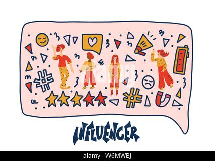 Influencer concetto. Parola stilizzata con discorso bolla, gli elementi di design e blogger ragazze. Modello per i social media. Vettore Illustrazione a colori. Illustrazione Vettoriale