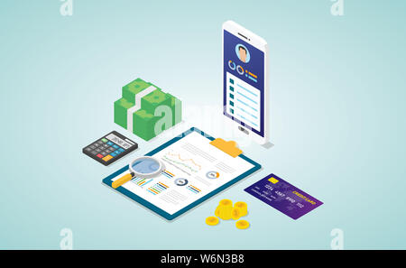 Personal Finance concetto con profilo biodata analysis report con alcuni dati finanziari con moderni isometrica stile piatto - illustrazione vettoriale Foto Stock