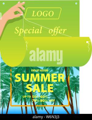 Disegno vettoriale, immagine di bright poster pubblicitario su uno sfondo tropicale Illustrazione Vettoriale