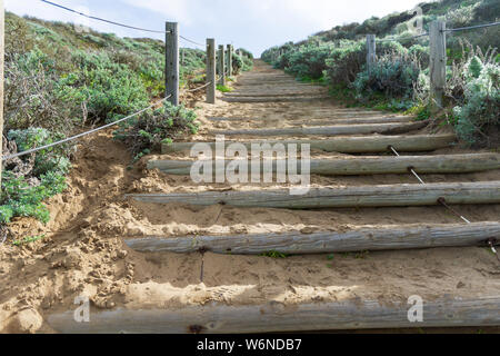 Scala di accesso alla spiaggia dell'oceano in Sanfrancisco realizzato sulla collina di sabbia spessa con tronchi di legno. Foto Stock