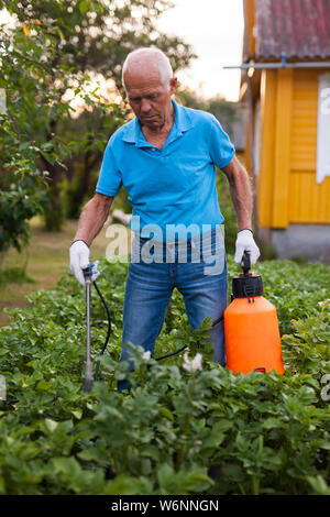 L'uomo lavora con giardino spray in cantiere Foto Stock
