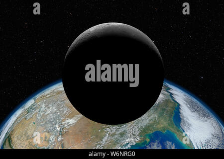 Luna crescente nella parte anteriore del Pianeta Terra contro il buio cielo stellato sfondo, elementi di questa immagine fornita dalla NASA Foto Stock