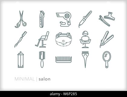 Set di 15 salon le icone della linea per parrucchieri di rifilatura, lo styling e il taglio di capelli Illustrazione Vettoriale