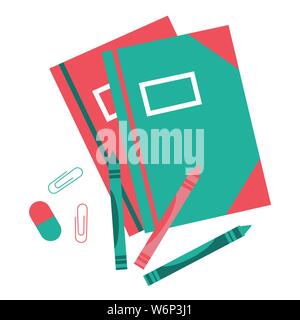 Impostare le illustrazioni della cartella di lavoro scolastico, matite colorate e le graffette isolate su sfondo bianco - vettore Illustrazione Vettoriale