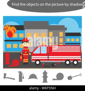 Trovare gli oggetti da shadow, gioco con vigile del fuoco per bambini in cartoon, gioco di educazione per i bambini in età prescolare attività del foglio di lavoro, task per lo sviluppo Illustrazione Vettoriale