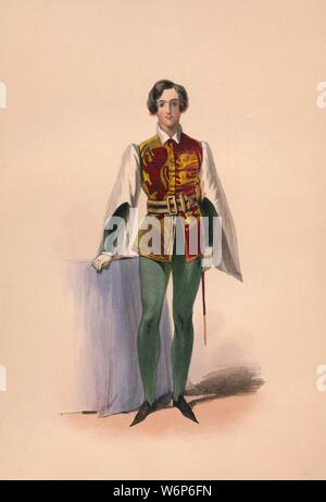 Valutazione in costume per la Regina Vittoria per il Bal Costum&#xe9;, 12 maggio 1842, (1843). I membri della famiglia reale sono tenuti a indossare abiti del periodo Plantagenet (c1154-1485), sebbene altri ospiti possono indossare costumi di propria scelta. I costumi sono stati progettati sotto la supervisione di James Robinson Planch&#xe9; e sono stati specificamente destinati a dare lavoro al declino Spitalfields industria della seta. La sfera del 1842, svoltasi a Buckingham Palace di Londra è stato il primo del costume di tre sfere tenute da Queen Victoria and Albert, il Principe Consorte. Il secondo il 6 giugno 1845, era all'inizio di Georgi Foto Stock