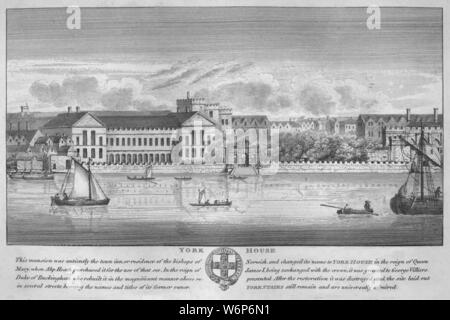 "York House', 1808. London townhouse del Vescovo di Norwich sullo Strand, con accesso diretto al fiume Tamigi. Dopo aver inciso un disegno originale da Wenceslaus Hollar. Foto Stock