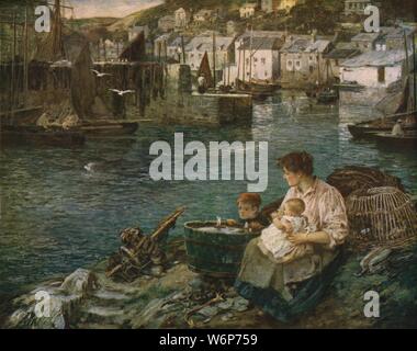 " Home Squadron', 1903 (c1930). Una donna e i suoi figli sedersi tra lobster pot e si affaccia sul porto in un Cornish villaggio di pescatori, aspettando il suo marito pescatore per tornare. Il bambino gioca con le barche in acqua vasca riempita, accennando che anche lui possa un giorno andare al mare. La pittura Nel Dundee gallerie d'Arte e Musei Collezione, Scozia. Da "moderna capolavori di arte inglese". [La Amalgamated Press Ltd., Londra, c1930] Foto Stock