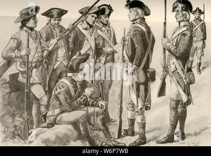 "Militare uniformi in America', c1770, (1937). La rivoluzione americana è stata una ribellione coloniale che si è verificato tra il 1765 e il 1783. I patrioti americani in tredici colonie sconfitto i Britannici nella guerra rivoluzionaria americana (1775-1783) con l'aiuto della Francia. Da "Storia del costume americano - Prenota uno 1607-1800", da Elisabeth McClellan. [Tudor Publishing Company, New York, 1937] Foto Stock