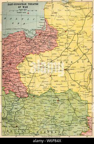 "East-European teatro di guerra", 1914-1918, (c1920). Mappa di Europa orientale durante la Prima Guerra Mondiale, che mostra le parti della Germania, la Russia e l'Austria-Ungheria. Da "La grande guerra mondiale - una storia", Volume I, edito da Frank un Mumby. [Il Gresham Publishing Company Ltd, Londra, c1920] Foto Stock