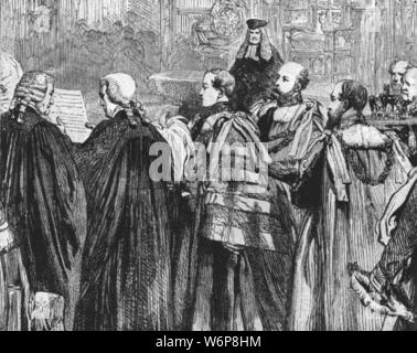 "Il Principe di Galles prendendo il suo posto per la prima volta in casa dei signori come un peer del reame, Febbraio 5, 1863", (1901). Prince Albert Edward (1841-1910), il futuro re Edoardo VII, al Palazzo di Westminster a Londra. "Dall'Illustrated London News Record del glorioso Regno della Regina Victoria 1837-1901: la vita e l'adesione del re Edward VII e la vita della regina Alexandra". [Londra, 1901] Foto Stock